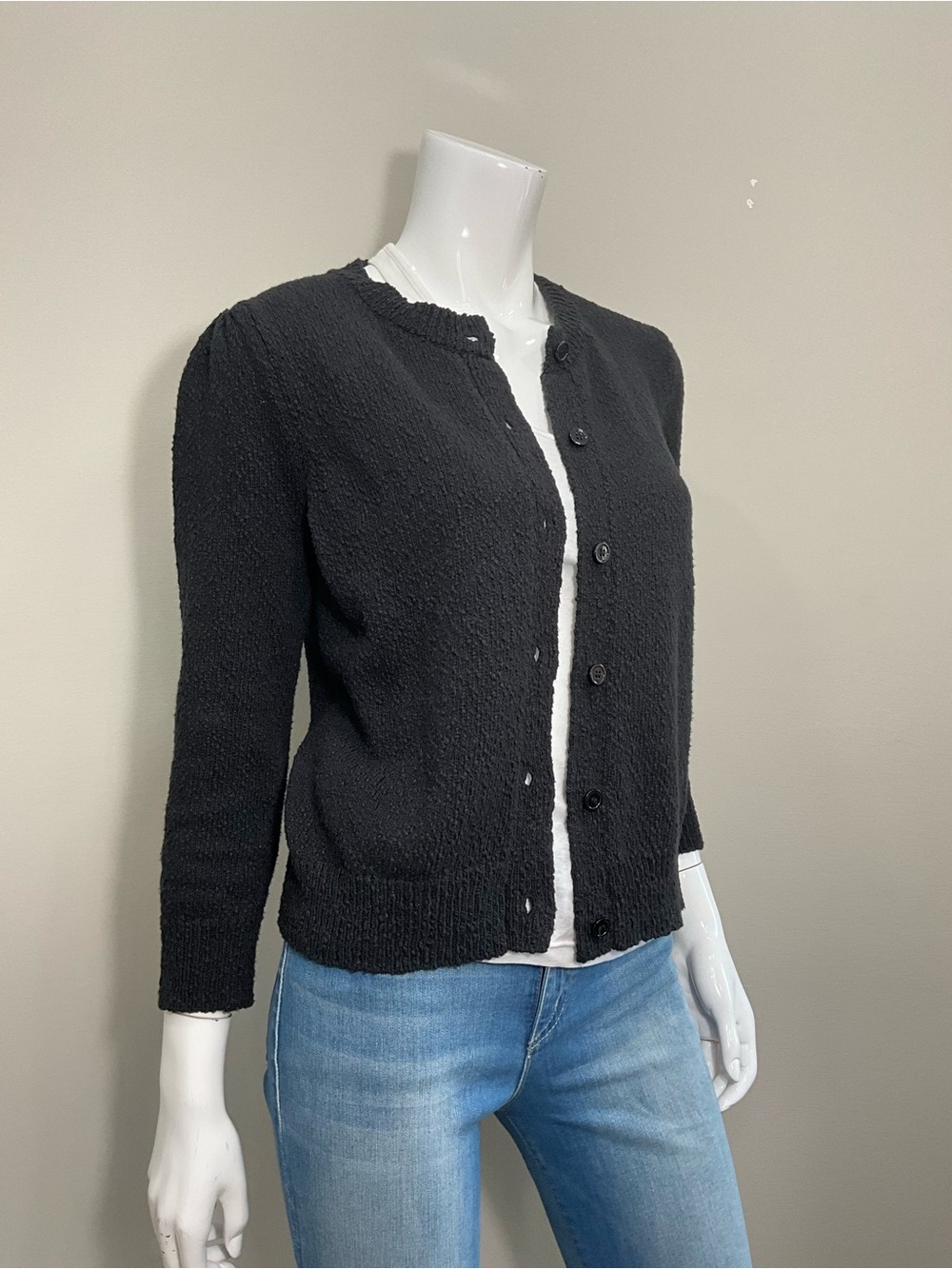 SUNDAYS Black Textured Bouclé Knit Button Front Crewneck Cardigan Sweater XS
